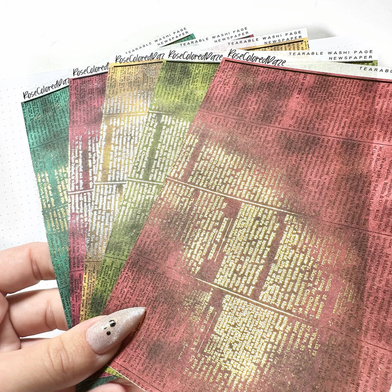 Washi Paper Stickers - Tearable Washi Page - Vintage Newspaper - Holiday Velvet Collection