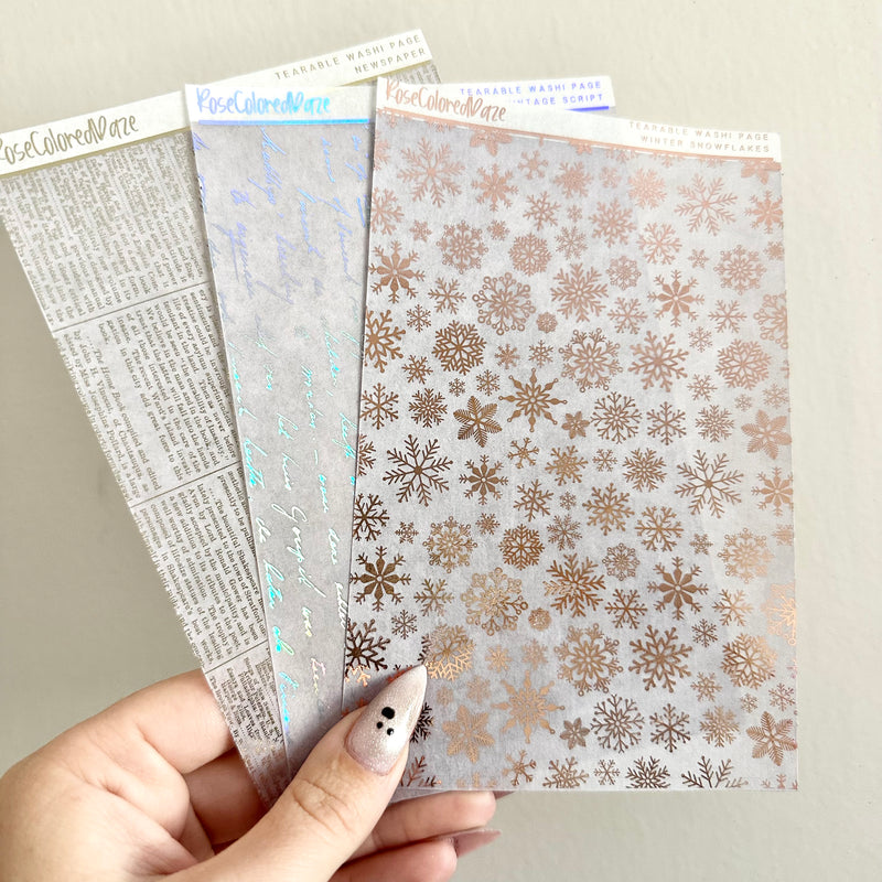 Washi Paper Stickers - Tearable Washi Page - Vintage Newspaper - Winter Blues Collection