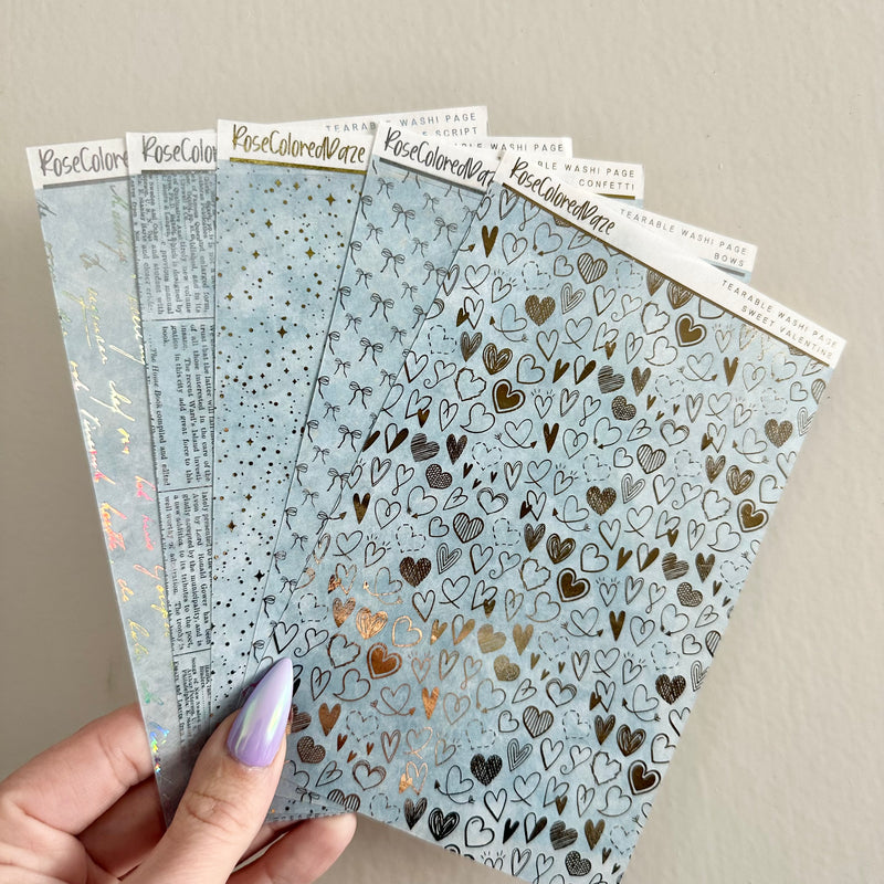 Washi Paper Stickers - Tearable Washi Page - Doodle Hearts - Soft Spring Pastels