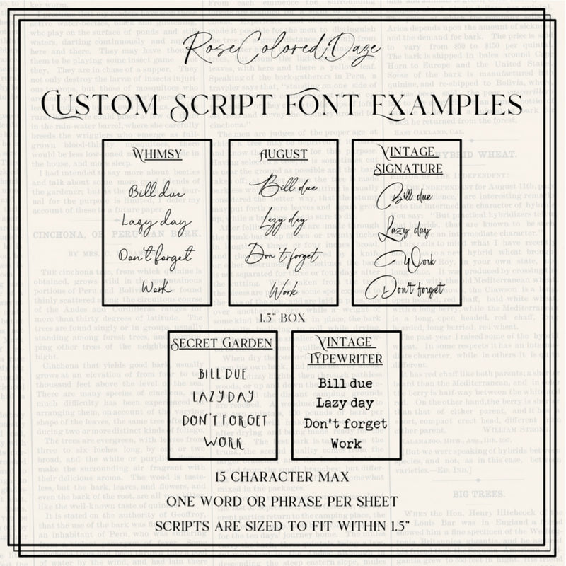 CUSTOM Script Sticker Sheets - Vintage Collection