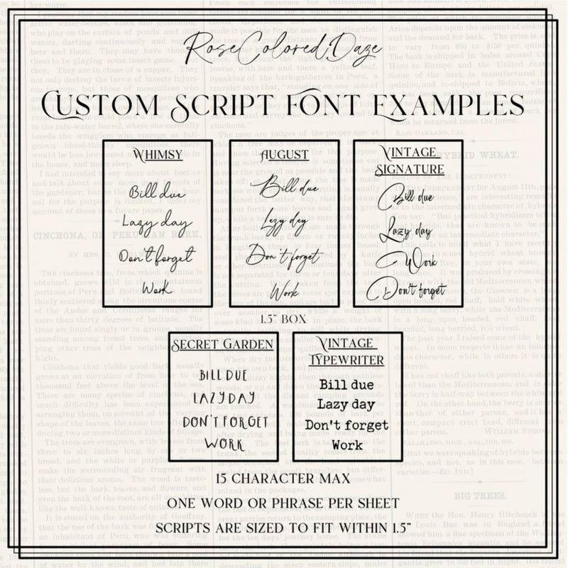CUSTOM Script Sticker Sheets - Vintage Collection – Rose Colored Daze