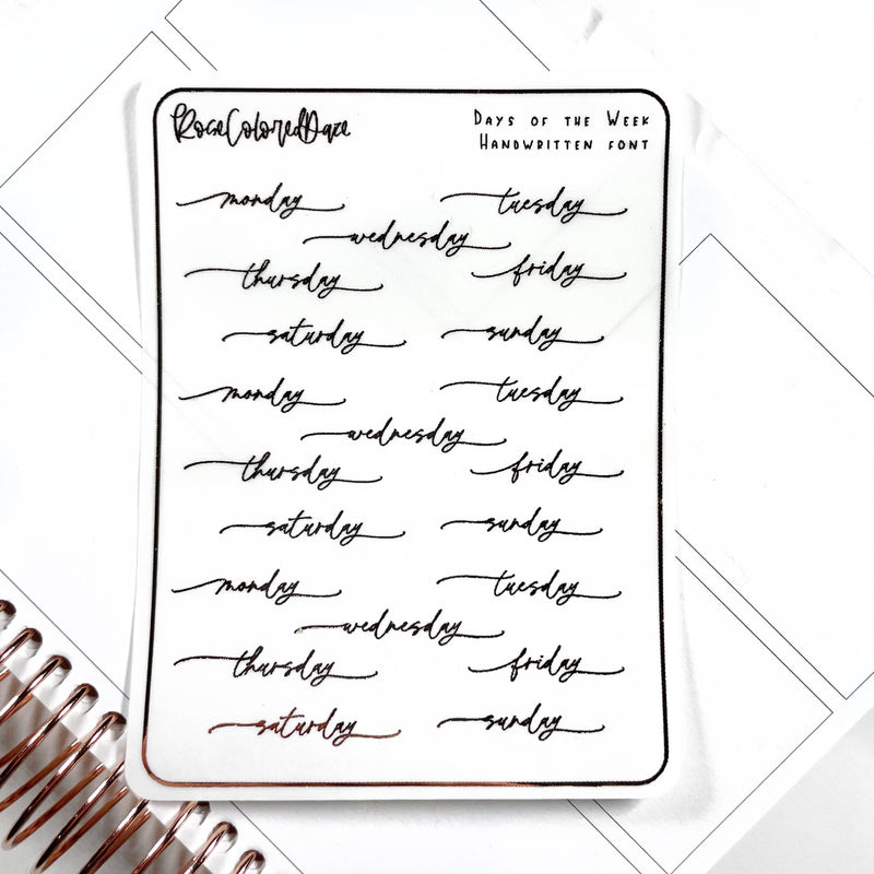 Foiled Sticker Sheet - Days of the Week - Handwritten Font