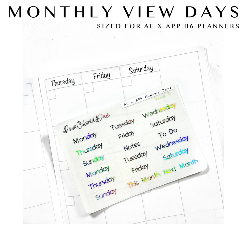 Monthly View Days of the Week Stickers